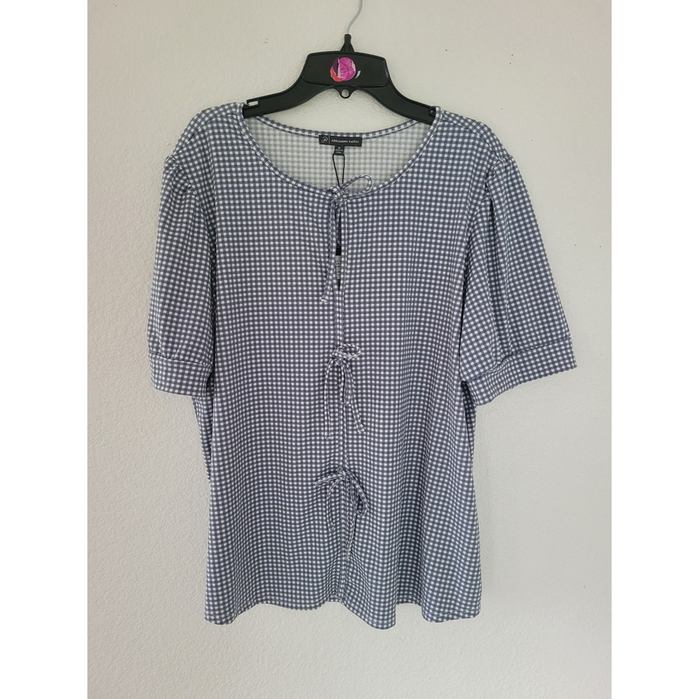 Adrianna Papell Blue Gingham Tie‎ Front Puff Sleeve Knit Top XL Women's #20